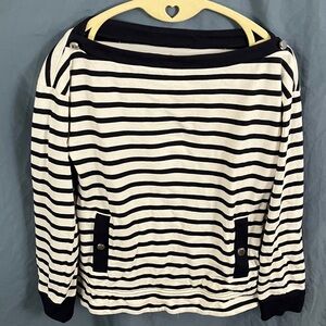 Kate Spade: Black & White Striped Boatneck Nautical Sweater- Silver Tone- S